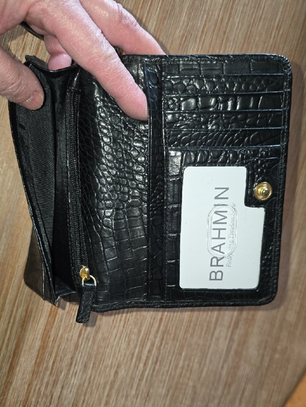 Brahmin Black Croc-Embossed Leather Wristlet Card Case with Gold Hardware - Picture 4 of 5